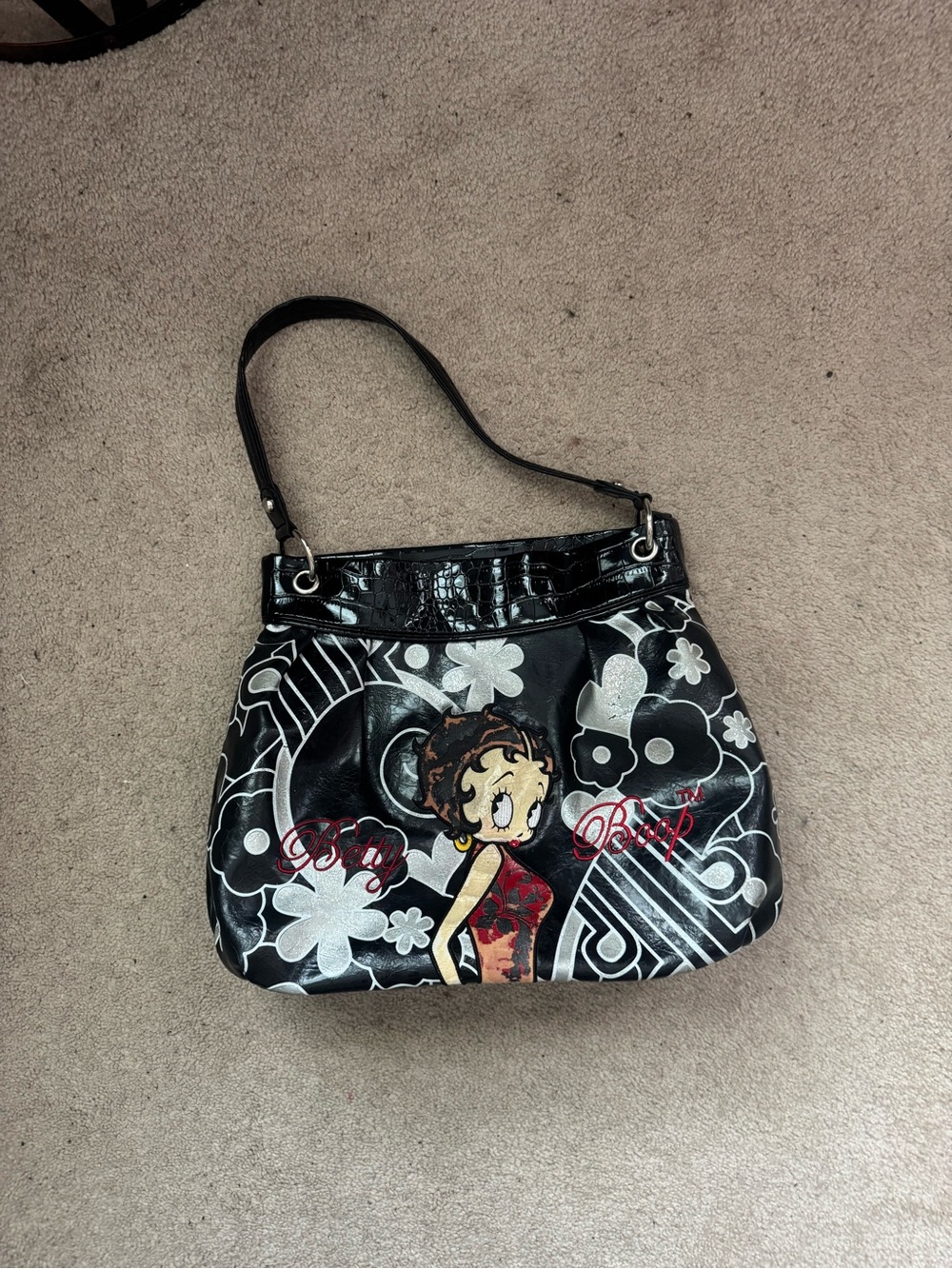 Betty Boop Black and Silver Leather Shoulder Bag with Red Accent